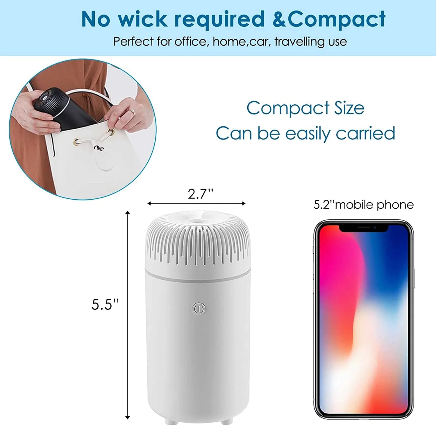 Car Diffuser Humidifier Aromatherapy Essential Oil Diffuser USB Cool Mist Mini Portable Diffuser for Car Home Office Bedroom White