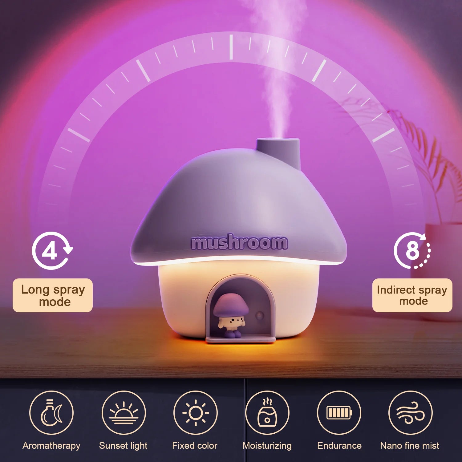 Humidifiers ,Mushroom House Portable Humidifier with Night Light Bedroom Usb Mini Air Humidifier for Home(Purple)